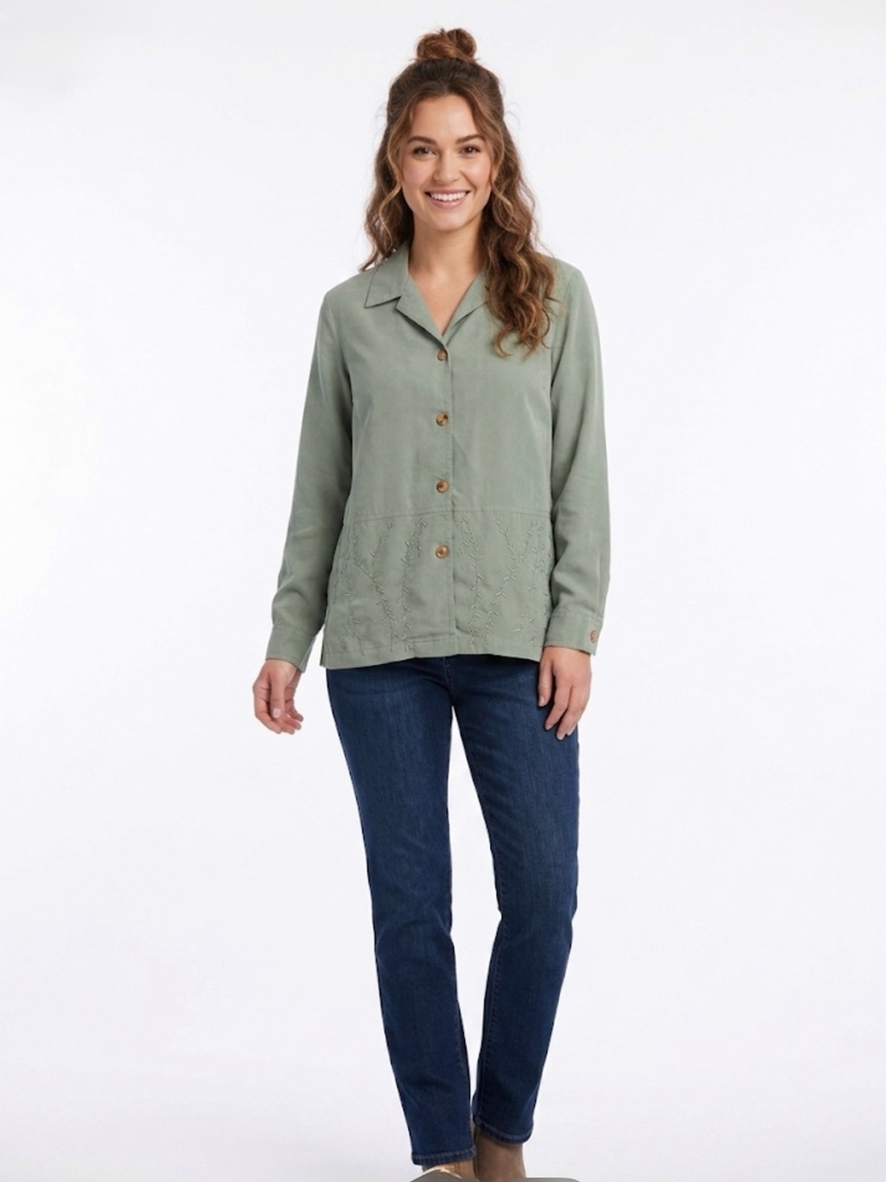 Vintage Erika Collection Embroidered Button Down Shirt Sage Green Petite M